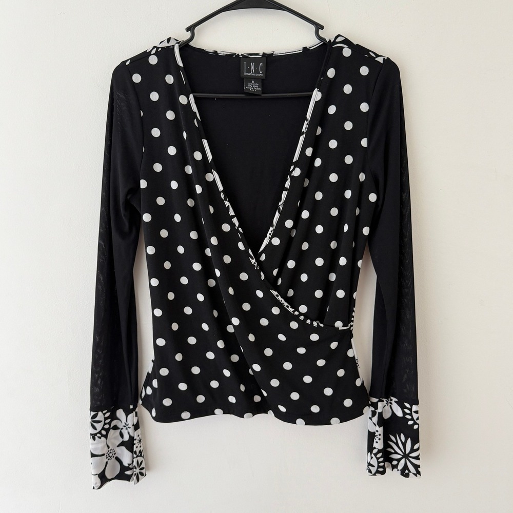 INC Womens Wrap Top Polka Dot Floral S Black White Mesh Flare Sleeve Whimsigoth